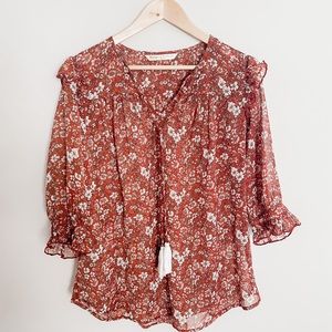 Wayward Fancies eShakti | Burnt Umber Floral Crepe de Chine Peasant Top | M-10